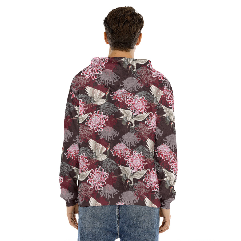 Japanese Cranes And Chrysanthemums Print Men's Velvet Pullover Hoodie