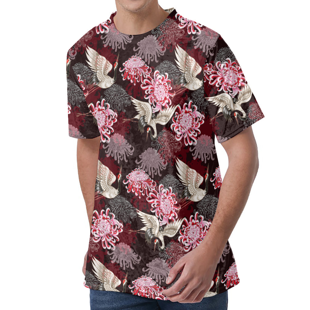 Japanese Cranes And Chrysanthemums Print Men's Velvet T-Shirt