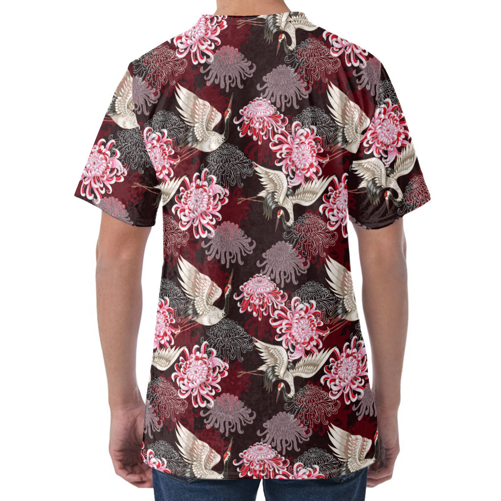 Japanese Cranes And Chrysanthemums Print Men's Velvet T-Shirt