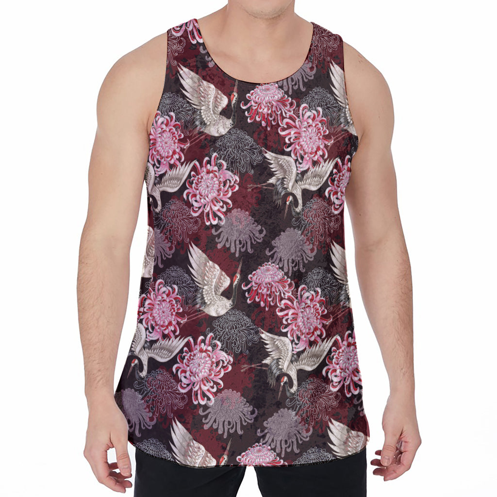 Japanese Cranes And Chrysanthemums Print Men's Velvet Tank Top