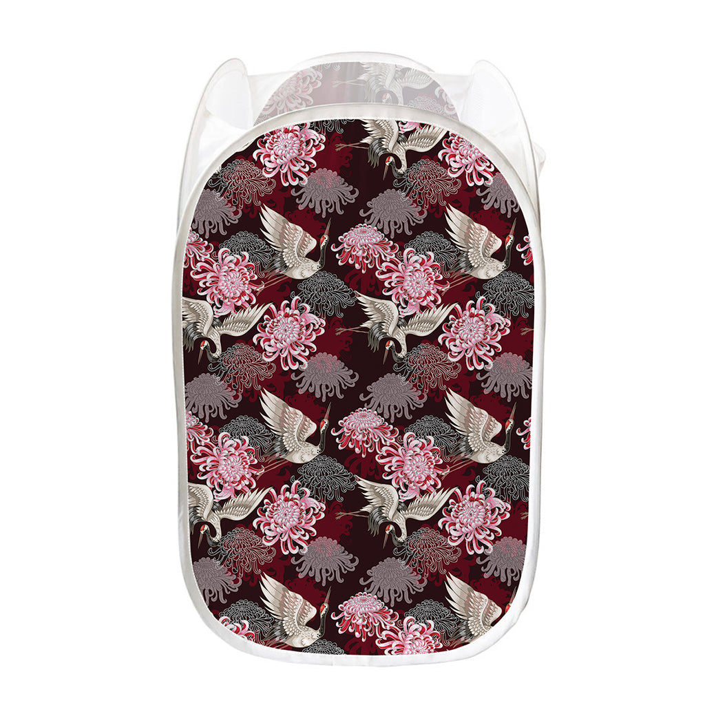 Japanese Cranes And Chrysanthemums Print Mesh Laundry Hamper