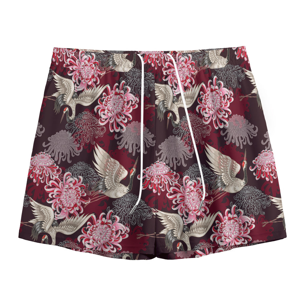 Japanese Cranes And Chrysanthemums Print Mesh Shorts