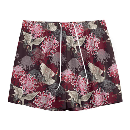 Japanese Cranes And Chrysanthemums Print Mesh Shorts
