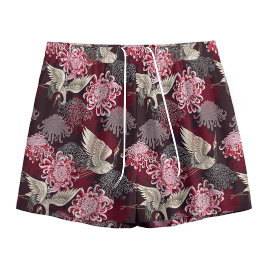 Japanese Cranes And Chrysanthemums Print Mesh Shorts