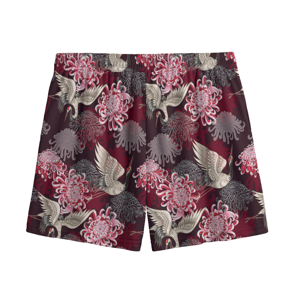 Japanese Cranes And Chrysanthemums Print Mesh Shorts