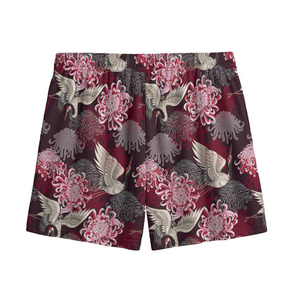 Japanese Cranes And Chrysanthemums Print Mesh Shorts