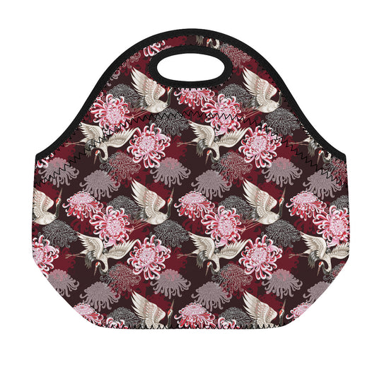 Japanese Cranes And Chrysanthemums Print Neoprene Lunch Bag