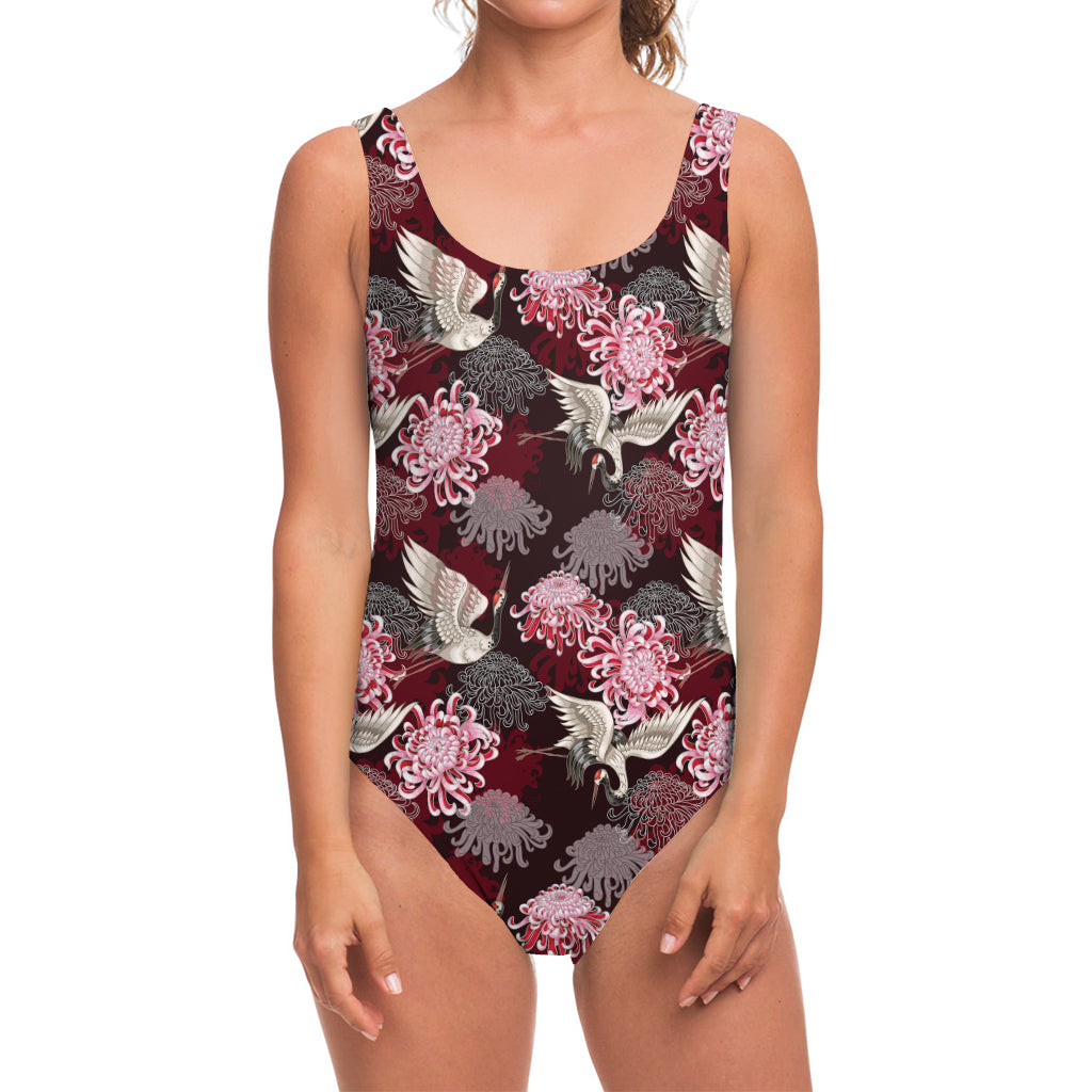 Japanese Cranes And Chrysanthemums Print One Piece Swimsuit