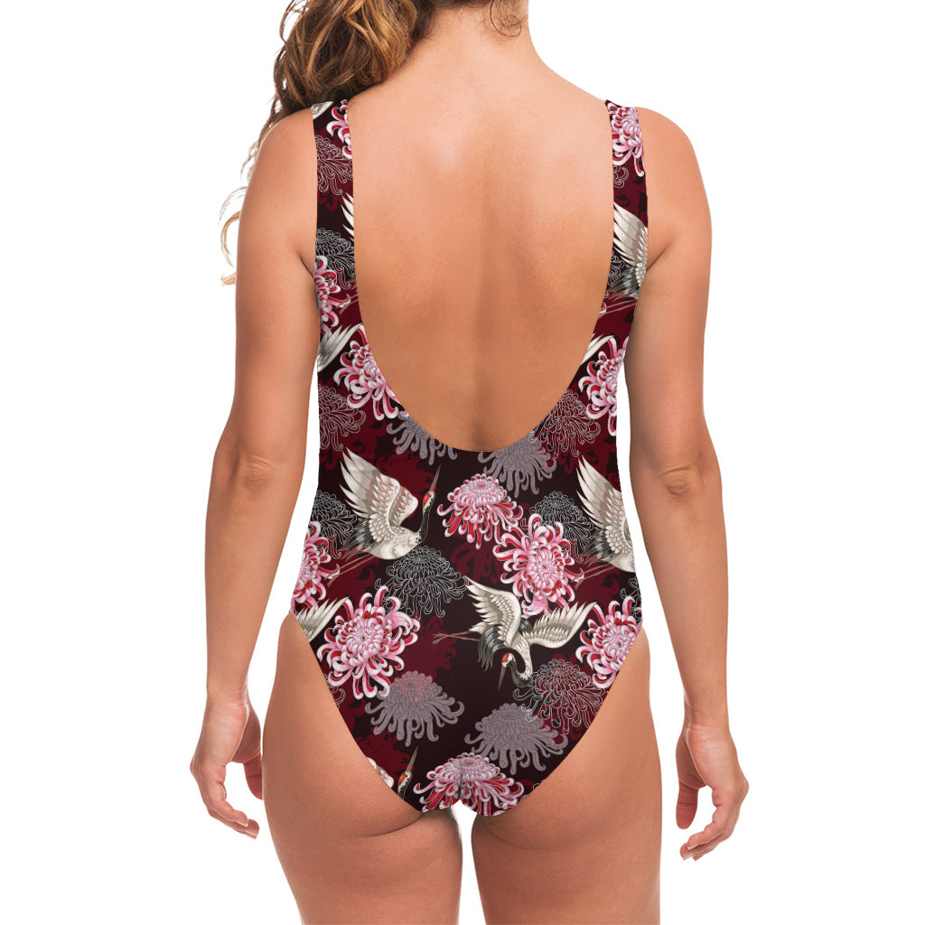 Japanese Cranes And Chrysanthemums Print One Piece Swimsuit