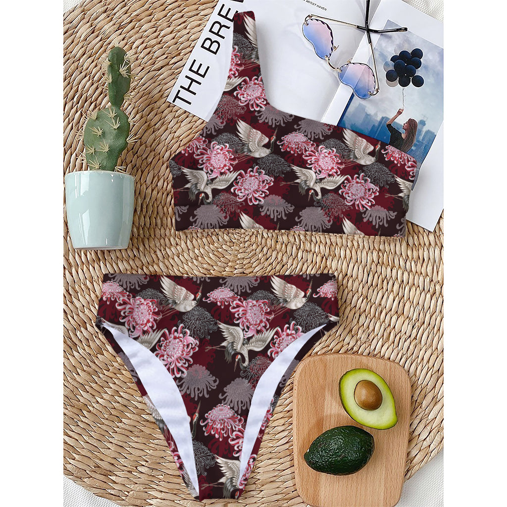 Japanese Cranes And Chrysanthemums Print One Shoulder Bikini Top