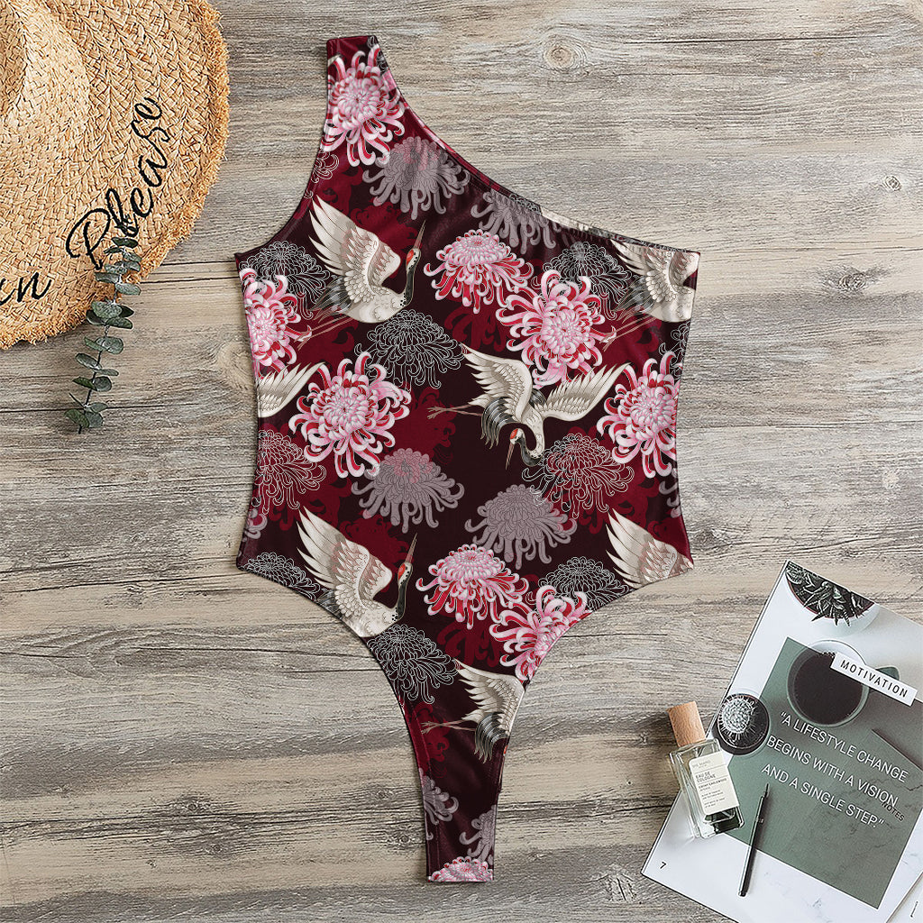 Japanese Cranes And Chrysanthemums Print One Shoulder Bodysuit