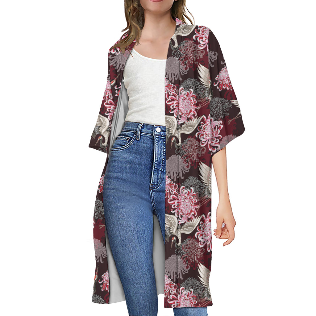 Japanese Cranes And Chrysanthemums Print Open Front Beach Cover Up