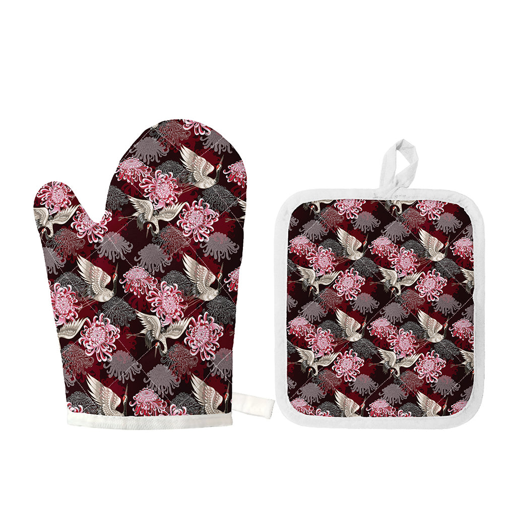 Japanese Cranes And Chrysanthemums Print Oven Mitt And Pot Holder Set