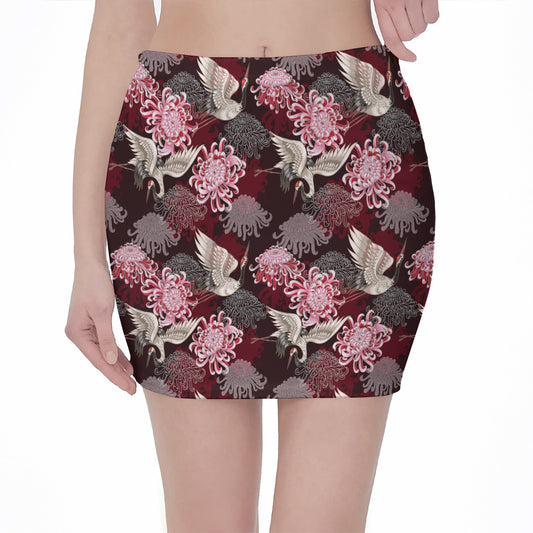 Japanese Cranes And Chrysanthemums Print Pencil Mini Skirt