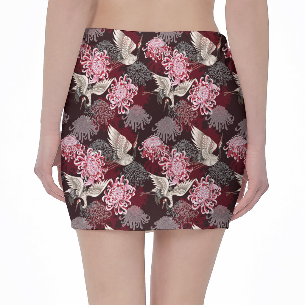 Japanese Cranes And Chrysanthemums Print Pencil Mini Skirt