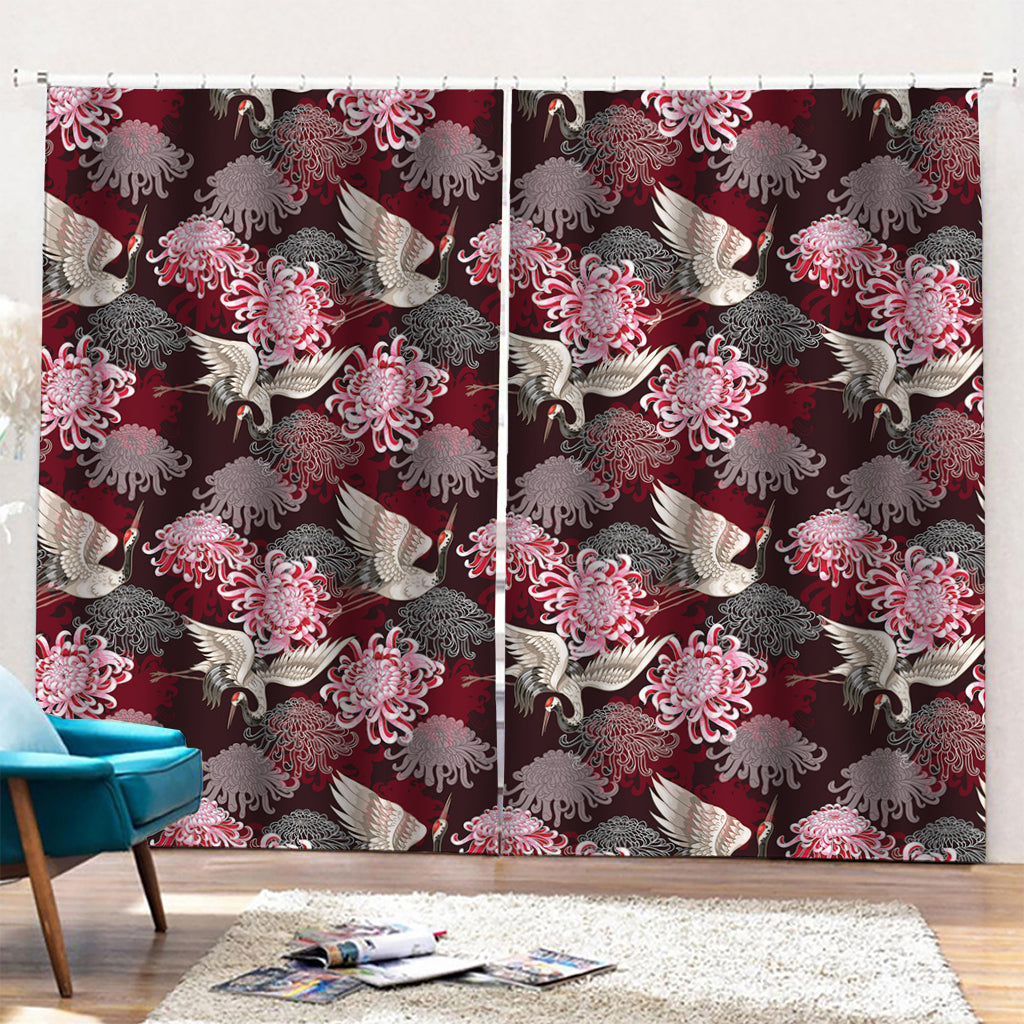 Japanese Cranes And Chrysanthemums Print Pencil Pleat Curtains