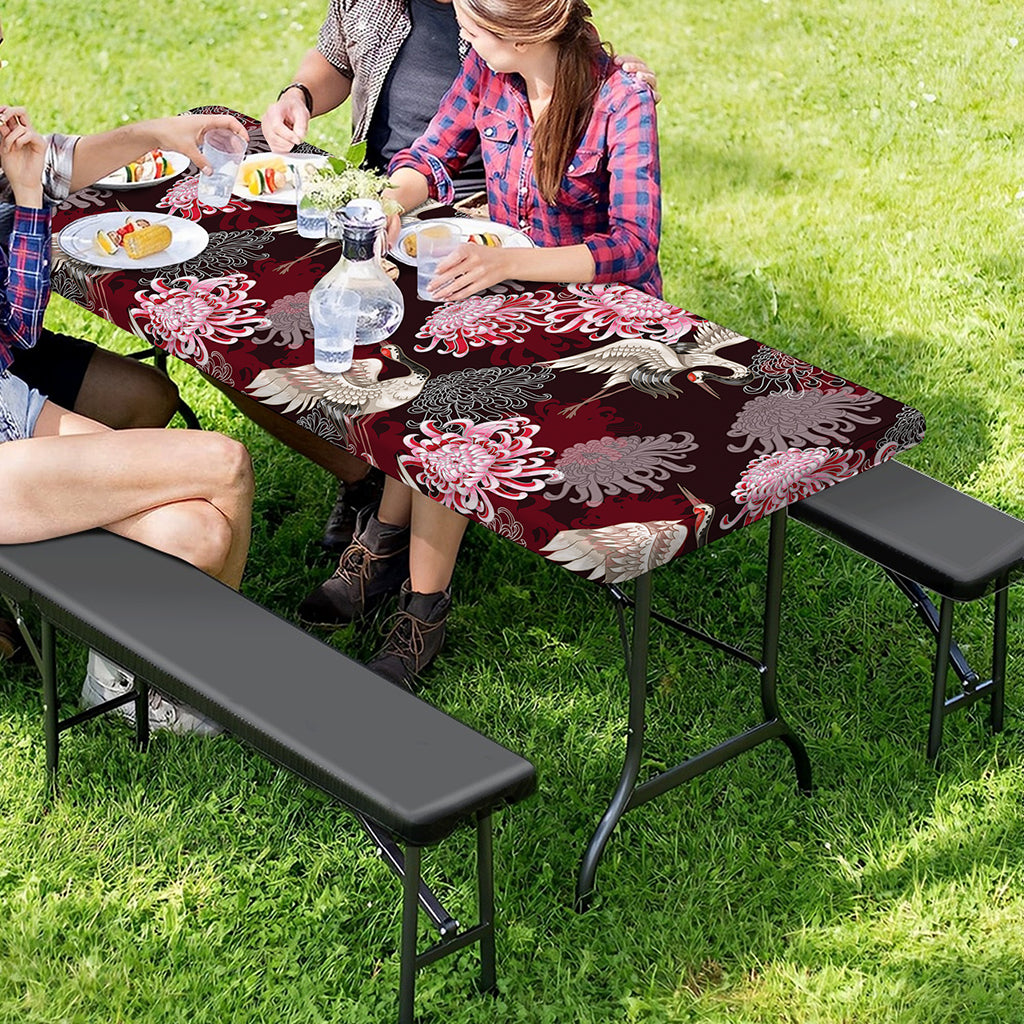 Japanese Cranes And Chrysanthemums Print Picnic Table Cover