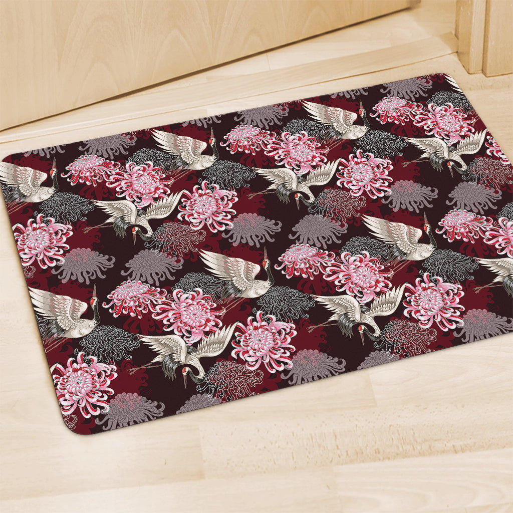 Japanese Cranes And Chrysanthemums Print Polyester Doormat