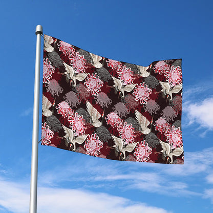 Japanese Cranes And Chrysanthemums Print Polyester Flag
