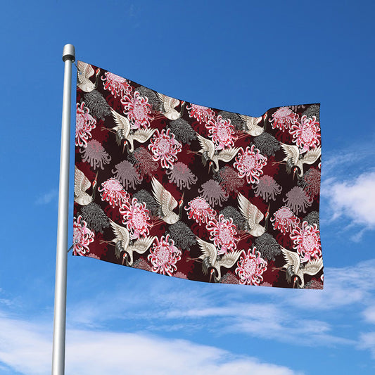 Japanese Cranes And Chrysanthemums Print Polyester Flag
