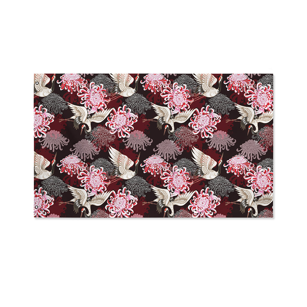 Japanese Cranes And Chrysanthemums Print Polyester Flag
