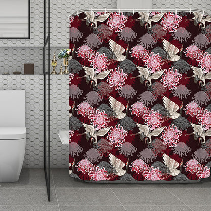 Japanese Cranes And Chrysanthemums Print Polyester Shower Curtain