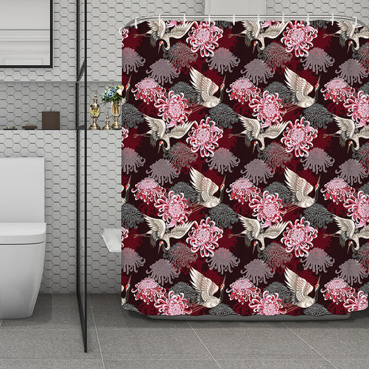 Japanese Cranes And Chrysanthemums Print Polyester Shower Curtain