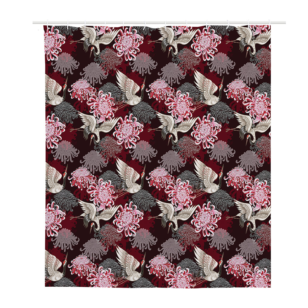 Japanese Cranes And Chrysanthemums Print Polyester Shower Curtain