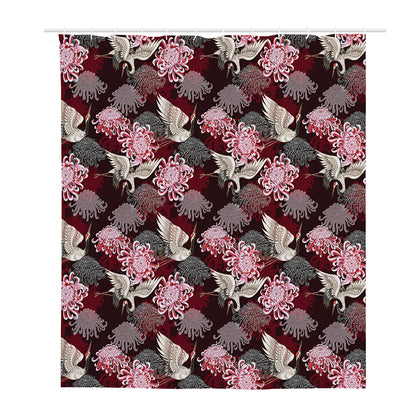 Japanese Cranes And Chrysanthemums Print Polyester Shower Curtain