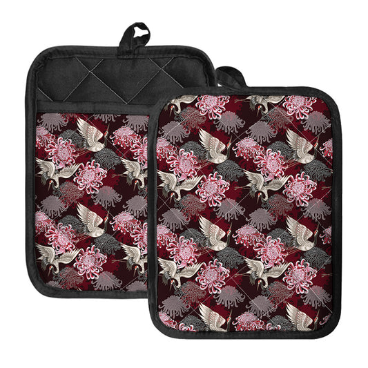 Japanese Cranes And Chrysanthemums Print Pot Holders With Pocket