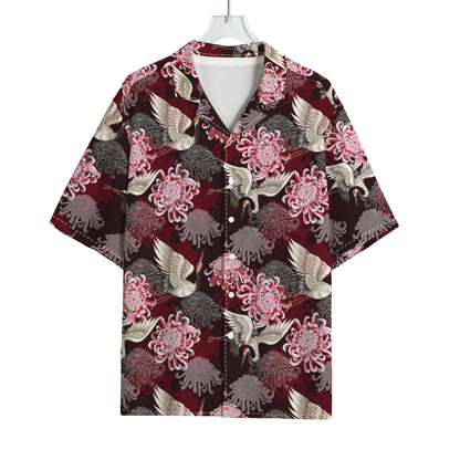 Japanese Cranes And Chrysanthemums Print Rayon Hawaiian Shirt