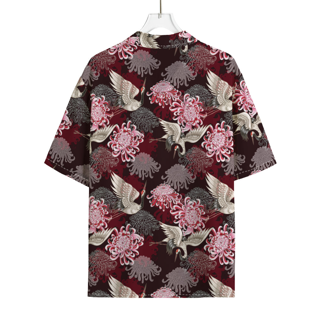 Japanese Cranes And Chrysanthemums Print Rayon Hawaiian Shirt