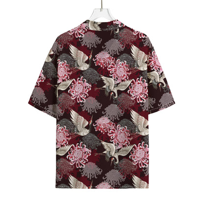 Japanese Cranes And Chrysanthemums Print Rayon Hawaiian Shirt