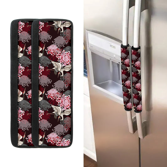 Japanese Cranes And Chrysanthemums Print Refrigerator Handle Covers