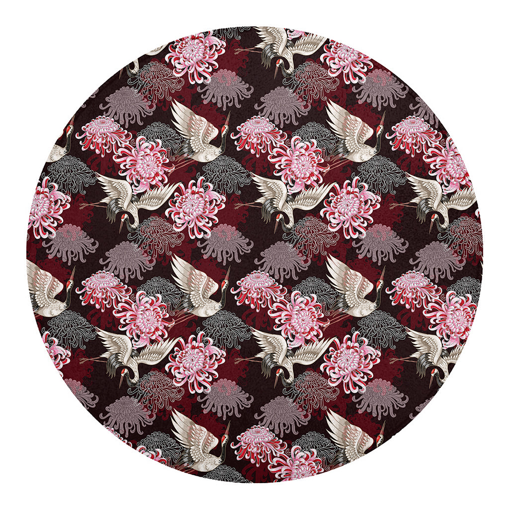 Japanese Cranes And Chrysanthemums Print Round Blanket