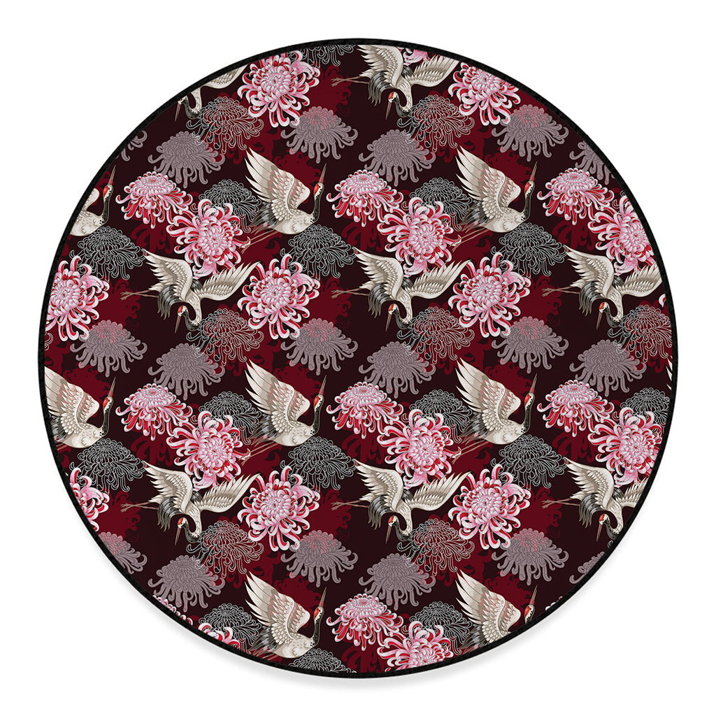 Japanese Cranes And Chrysanthemums Print Round Floor Mat
