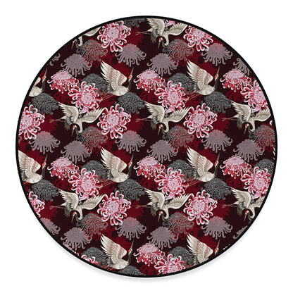 Japanese Cranes And Chrysanthemums Print Round Floor Mat