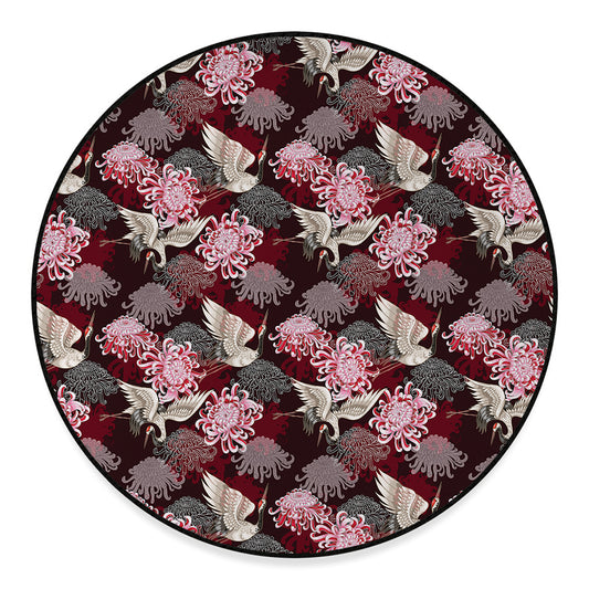 Japanese Cranes And Chrysanthemums Print Round Floor Mat
