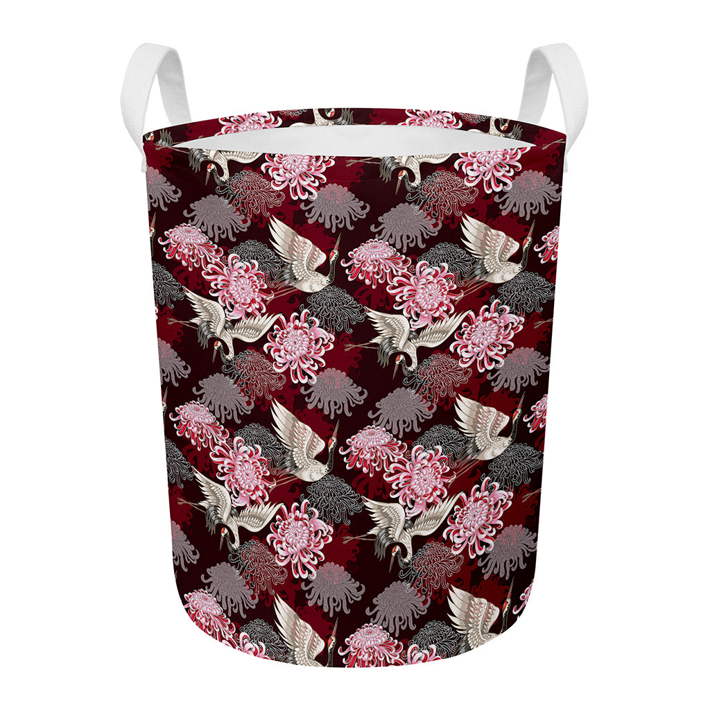 Japanese Cranes And Chrysanthemums Print Round Laundry Basket
