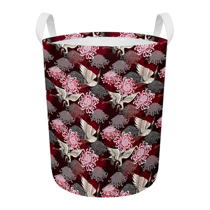 Japanese Cranes And Chrysanthemums Print Round Laundry Basket