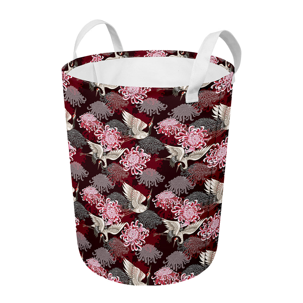 Japanese Cranes And Chrysanthemums Print Round Laundry Basket