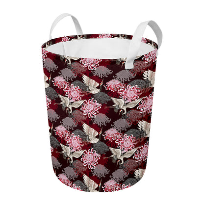 Japanese Cranes And Chrysanthemums Print Round Laundry Basket