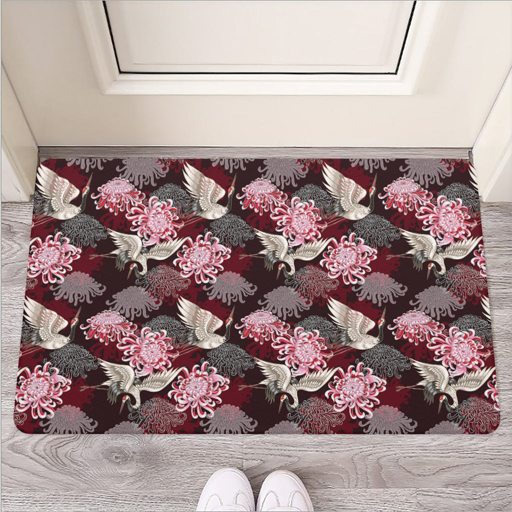 Japanese Cranes And Chrysanthemums Print Rubber Doormat