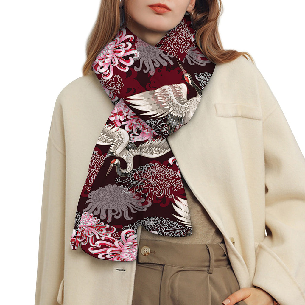 Japanese Cranes And Chrysanthemums Print Scarf