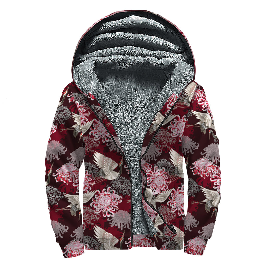 Japanese Cranes And Chrysanthemums Print Sherpa Lined Zip Up Hoodie