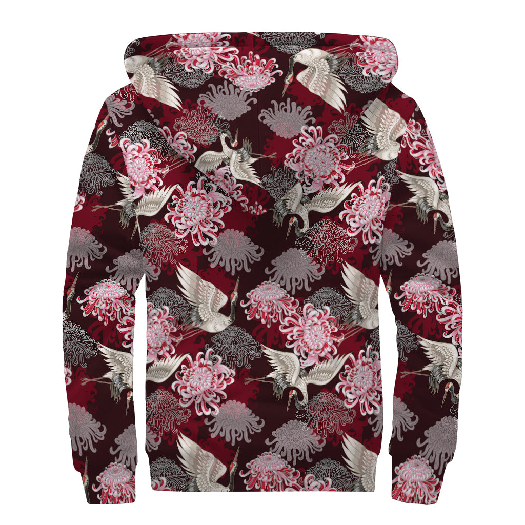 Japanese Cranes And Chrysanthemums Print Sherpa Lined Zip Up Hoodie