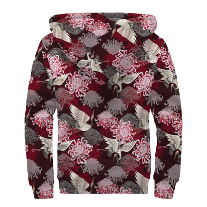 Japanese Cranes And Chrysanthemums Print Sherpa Lined Zip Up Hoodie