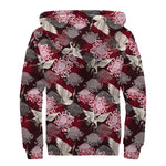 Japanese Cranes And Chrysanthemums Print Sherpa Lined Zip Up Hoodie
