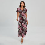 Japanese Cranes And Chrysanthemums Print Short Sleeve Maxi Dress