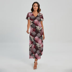 Japanese Cranes And Chrysanthemums Print Short Sleeve Maxi Dress